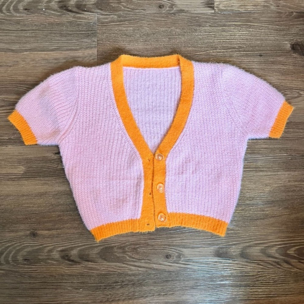 Handmade Vintage Sweater with Orange Trim - Size S
